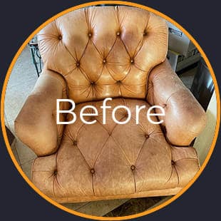 Light Tan Aniline Leather Tufted Lounge Chair Discolored and Oily Stains Fixed in Seal Beach, CA - Before Picture