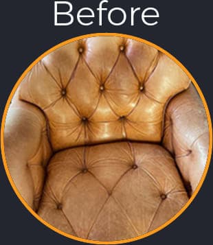 Color faded, oily tan aniline leather chair successfully restored & back in the living room looking good - Before Picture