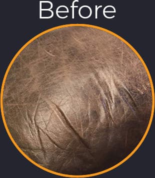 Compare the faded, distressed leather with the leather treated with our specialized leather restoration treatment - After Picture