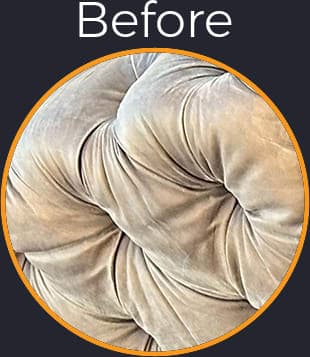 Tufted leather designer sectional looking good again after recoloring, cleaning, moisturizing, and protecting - Before Picture