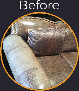 Sun bleached distressed wax pull-up dark brown leather sofa and chair set restored in Laguna Niguel, California - Before Picture