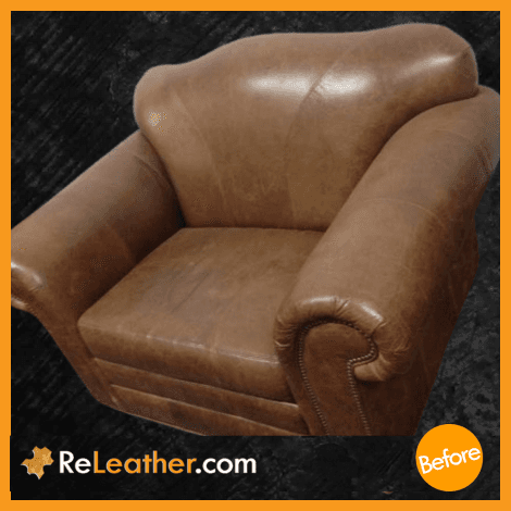 Tan aniline double-wide chair soiled and distressed leather before cleaning
