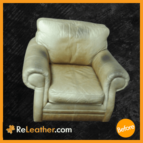 Beige aniline chair faded and oil-stained before color change to golden brown in Los Angeles