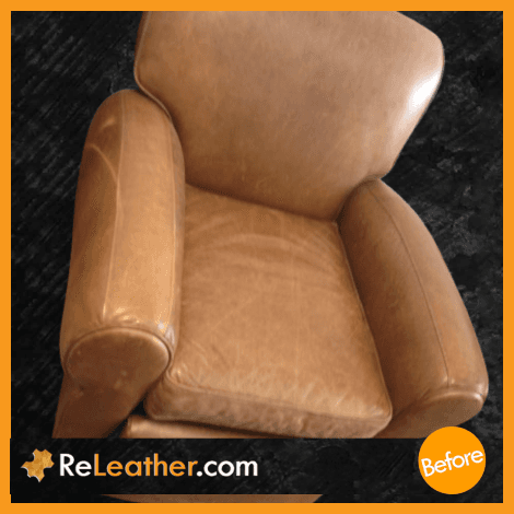 Faded brown pigmented Barcalounger chair before dyeing to dark brown