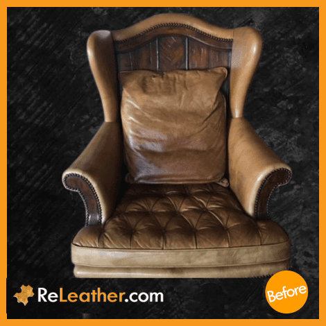 Tan aniline chair artisan style upholstery San Diego before leather dyeing