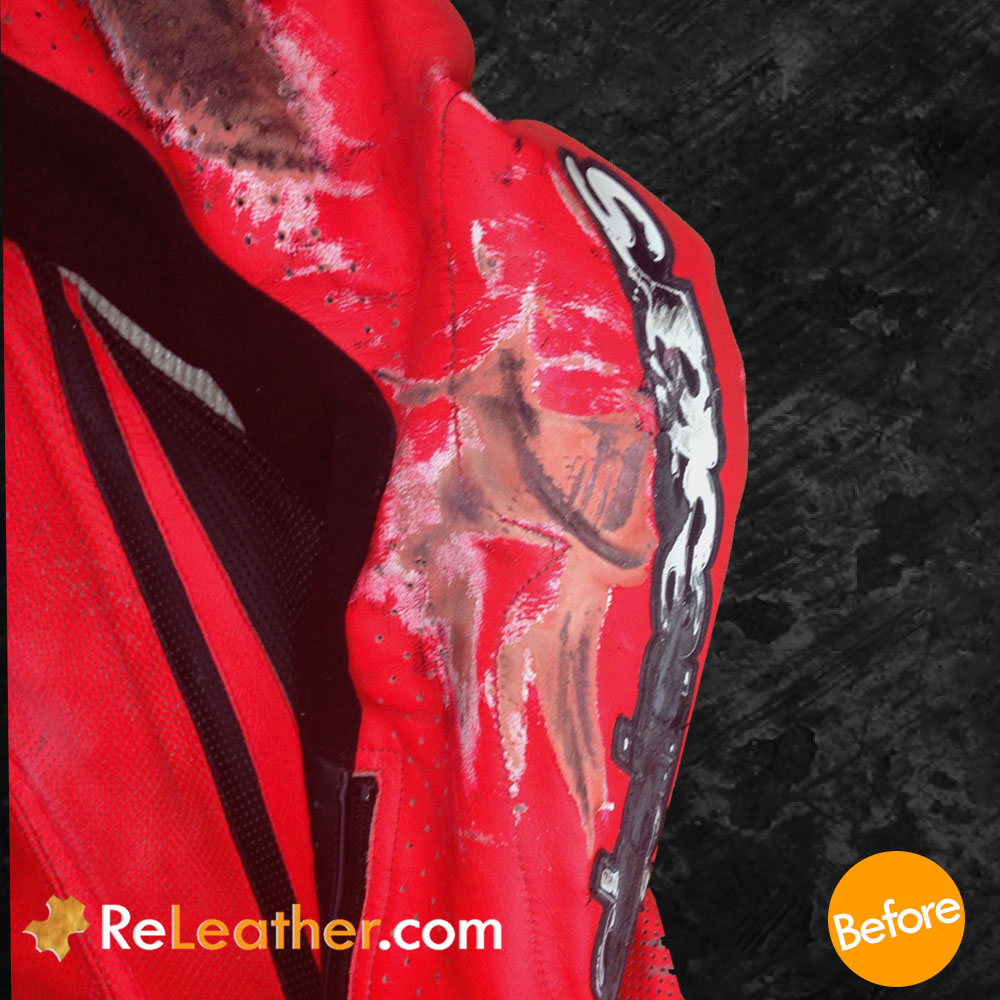Leather Recoloring Leather Motorcycle Red Suit - Before